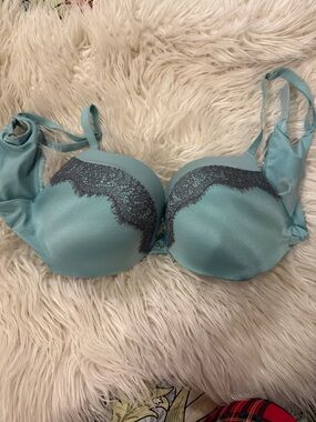 Victoria's Secret Seafoam Satin Push-Up Bra with Charcoal Lace